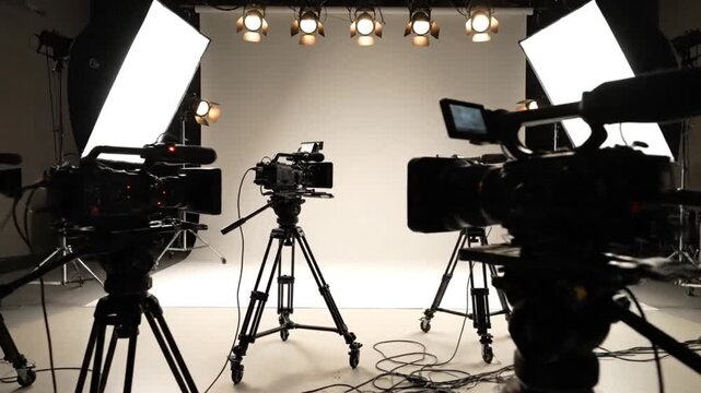 Professional video cameras set up in a bright studio with lighting equipment ready for filming.