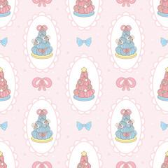 Pastel Christmas tree cake seamless pattern with cute bows on a pink background, perfect for holiday fabric, wrapping paper and festive decoration