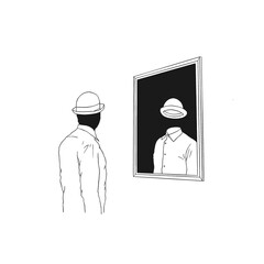 illustration of man looking at himself headless reflected in the mirror, surreal identity concept