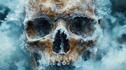 A skull rises from ice, showcasing nature's art in frozen decay and reminding us of life's fragility