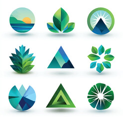 Obraz premium Abstract collection of nature inspired logo designs featuring landscapes leaves and geometric shapes on a white background