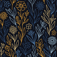 Cute flowers and jungle leaves seamless pattern. Vector illustration flat design background. 