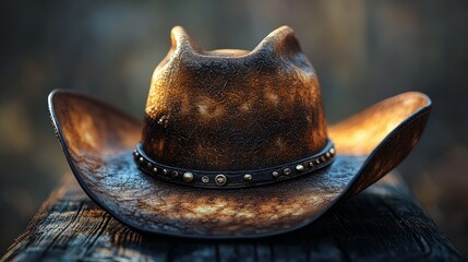 A beautifully worn cowboy hat showcasing rich textures and rustic details evokes a sense of the wild west and adventure