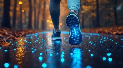A runner glides along a glowing path in a tranquil forest, surrounded by autumn leaves and soft evening light