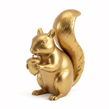 A golden squirrel statuette with an acorn in its paws,