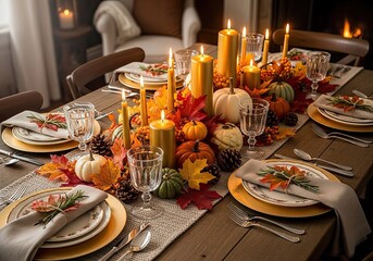 Photo of festive thanksgiving table setting with elegant tableware, candles, and autumn decorations, creating a warm and inviting atmosphere for a holiday celebration