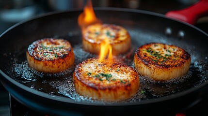 Scallops sizzle in a skillet, releasing savory aromas as flames flicker and herbs dance