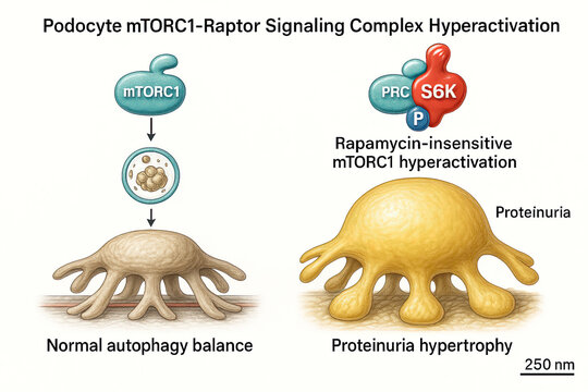 Illustration showing the difference between normal podocyte autophagy balance and proteinuria hypertrophy, highlighting the role of mTORC1-Raptor signaling complex hyperactivation.