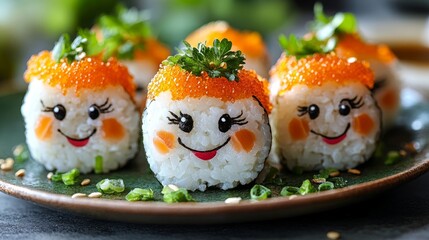 Colorful sushi rolls are playfully decorated with smiling faces, creating a fun dining experience