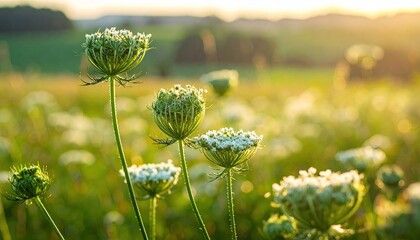 Lush Meadow with Queen Annes Lace Wildflowers in Warm Sunlight Dappled Field of Green and White Floral Beauty with Golden Hour Glow Serene Nature