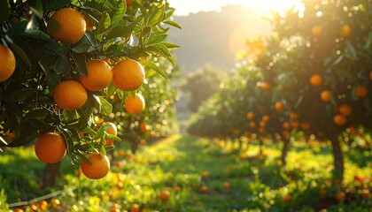 Lush Orange Orchard with Ripe Fruits in Golden Sunlight Agricultural Abundance and Vibrant Color Fresh Harvest in Fruitful Landscape