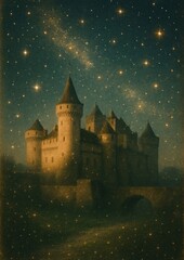 Enchanted castle under starry sky.