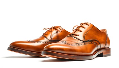 A pair of elegant men's light brown leather brogue dress shoes with laces, isolated on a clean white background.