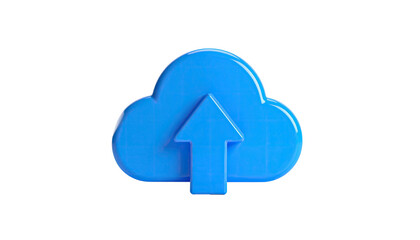 A glossy blue cloud icon with an upward arrow, set against a stark black background