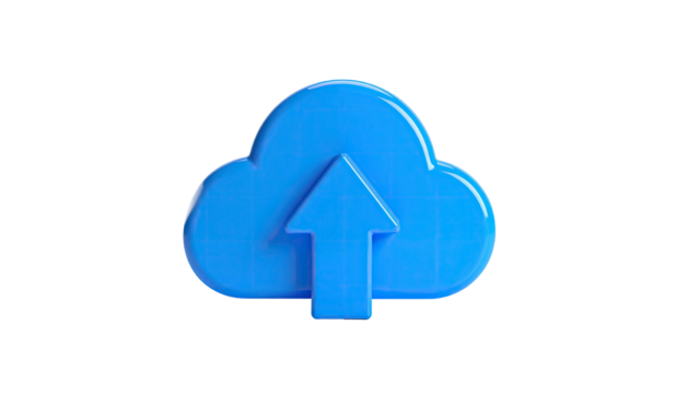 A glossy blue cloud icon with an upward arrow, set against a stark black background