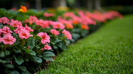 Vibrant pink flowers blooming in a well-maintained garden, showcasing lush green grass and trees