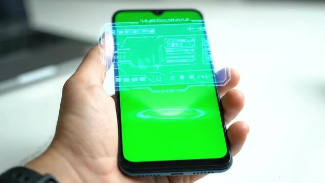 Hand holding modern smartphone with vibrant green screen for customizable content creation and interactive app experiences