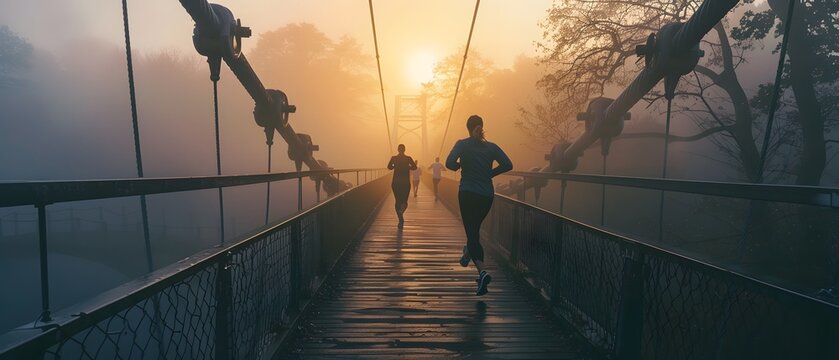 Early morning workout, silhouettes jogging on bridge in misty dawn atmosphere