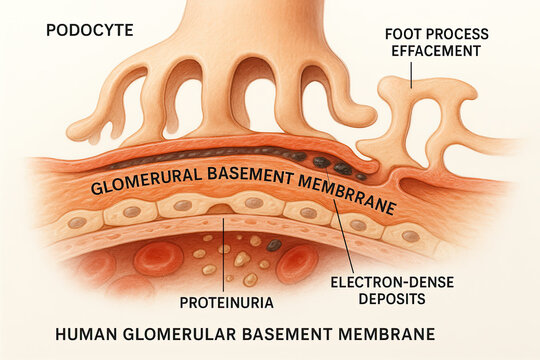 Close-up illustration of a human glomerular basement membrane showing podocytes, foot process effacement, electron-dense deposits, and proteinuriathrough the membrane.