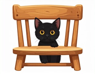 A curious black cat peeks out from behind a wooden chair in this charming vector illustration — perfect for Cat Day, Halloween, or pet-themed designs