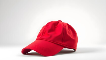A vibrant red baseball cap with a curved brim sits on a clean white surface, showcasing its simple and classic design.