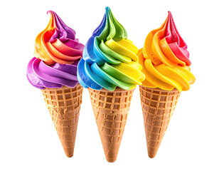 Three vibrant rainbow ice cream cones