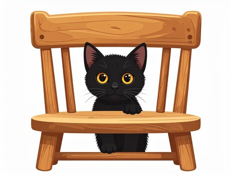 A curious black cat peeks out from behind a wooden chair in this charming vector illustration &mdash; perfect for Cat Day, Halloween, or pet-themed designs