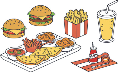 A delicious vector illustration set of fast food icons including burger, pizza, fries, and drink for your menu design