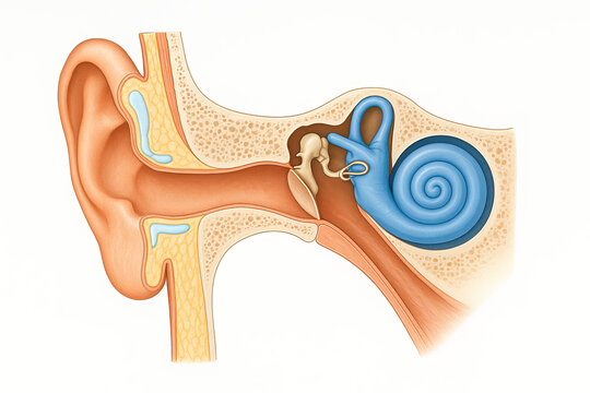 Anatomical illustration of the human ear, showcasing the outer, middle, and inner ear structures, including the cochlea, semicircular canals, and auditory ossicles, on a white background.