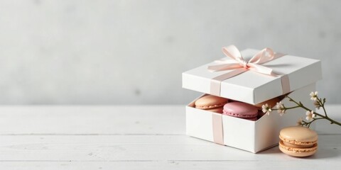 A delicate white gift box tied with a pastel ribbon, filled with pastel-colored macarons, rests on a bright wooden surface, accented by a blossoming branch.