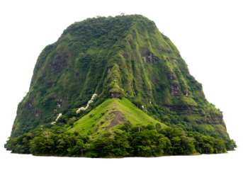 Lush green mountain rises majestically, covered in vibrant vegetation and trees, perfect for travel brochures, environmental campaigns, and adventure themes