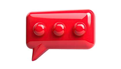 Glossy, red 3D speech bubble with rounded corners, three dots, & a tail
