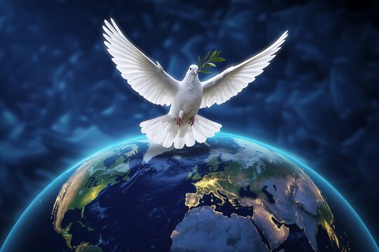 Graceful dove carrying olive branch soars over vibrant Earth, symbolizing hope, peace, and global unity in stunning spiritual concept art