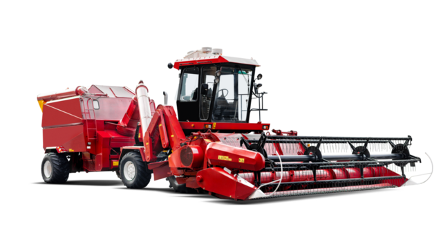 This detailed agricultural harvester is positioned in isolation, highlighting its vibrant red color and modern design, ideal for efficient crop harvesting.