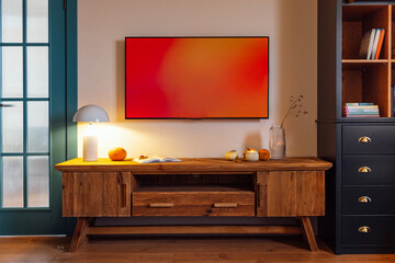 Modern living room interior featuring wooden TV stand with vibrant wall-mounted screen, stylish lamp, decorative items, and cozy atmosphere for contemporary home design inspiration