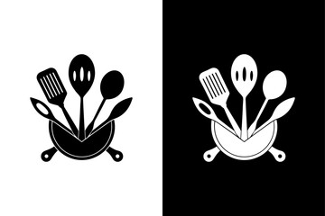 Kitchen Utensils Icon on Black and White Background.