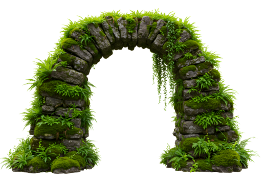 Enchanting stone archway covered in lush green moss and ferns, a portal to a magical fantasy garden, perfect for adding charm to your creative project