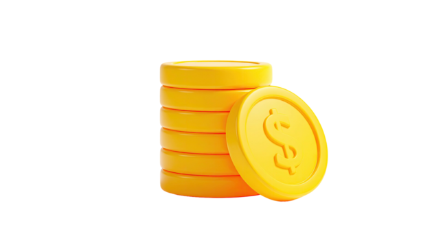 Stack of golden currency coins with a dollar sign and one beside it, isolated