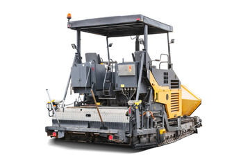 A powerful asphalt paver, isolated on a background, laying fresh asphalt to improve a road. Road construction equipment.