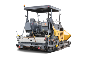 A powerful asphalt paver, isolated on a background, laying fresh asphalt to improve a road. Road construction equipment.
