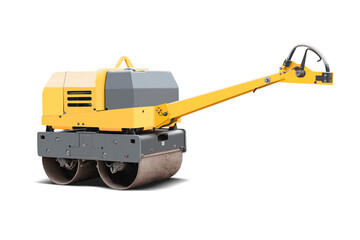 A construction roller machine stands isolated, ready for use in road maintenance tasks. The device is designed for flattening asphalt and ensuring smooth surfaces.