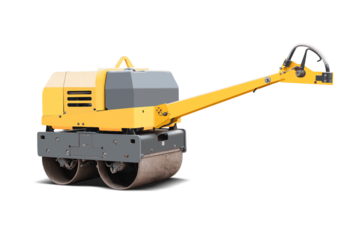 A construction roller machine stands isolated, ready for use in road maintenance tasks. The device is designed for flattening asphalt and ensuring smooth surfaces.