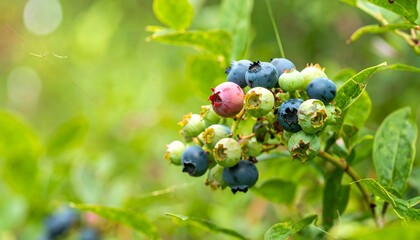 Close-up of blueberries on a branch. Lush green foliage surrounds the berries