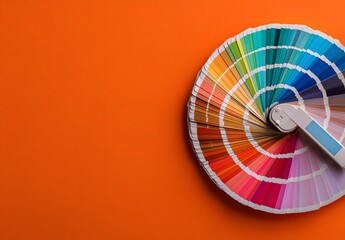 Wide color palette of paint swatches on orange background, spectrum of hues for painting, design, creativity, renovation, branding and interior decoration