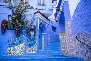 Vibrant blue staircase adorned with intricate tile patterns and lush greenery, leading to a charming doorway, showcasing the beauty of traditional architecture and cultural heritage