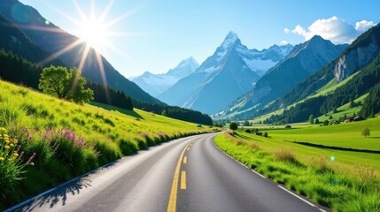 Naklejka premium Asphalt ribbon unwinding through a sun-drenched alpine valley, flanked by verdant meadows and majestic snow-capped peaks, a scenic summer drive.