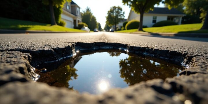 A sunlit puddle reflecting tree reflections in a cracked asphalt roadway near residential homes - Powered by Adobe