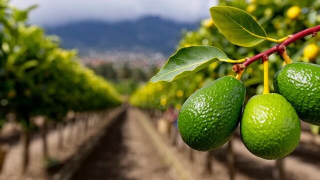 Avocado branch with three ripe green fruits hanging prominently, surrounded by lush foliage and blurred orchard background, showcasing the vibrant growth and natural beauty of the avocado tree