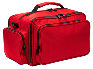 Red fabric emergency responder bag with compartments on a transparent background