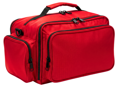 Red fabric emergency responder bag with compartments on a transparent background